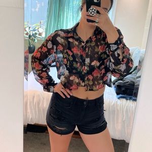 Vintage Sheer Floral Button Up Cropped Top